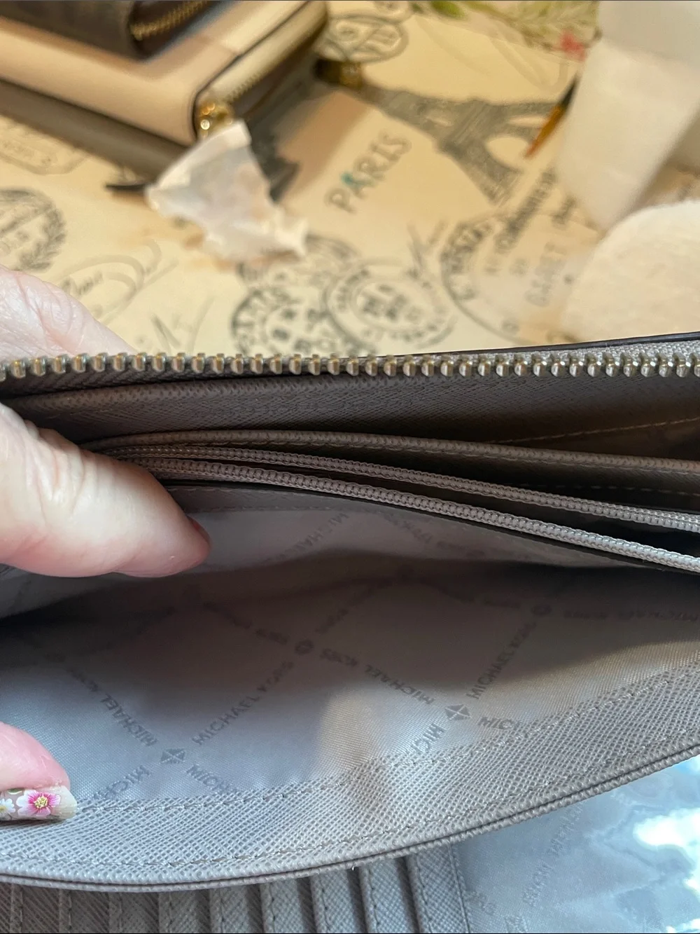 Michael Kors Taupe Stone Grey  Pebbled Leather Wristlet Wallet